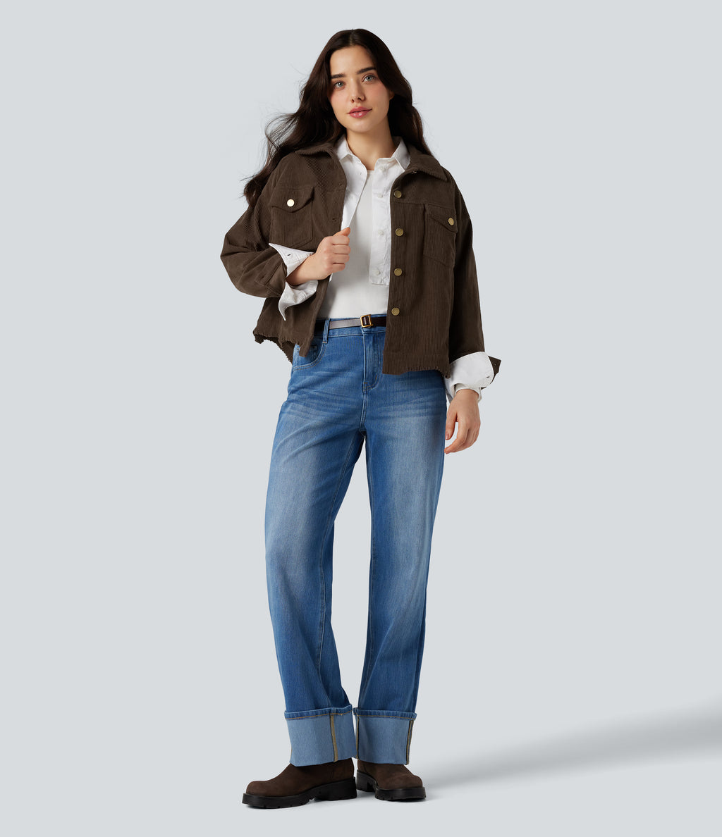 Long Sleeve Button Fly Corduroy Casual Shacket Jacket with Pockets — Flamewood Brown — view 7