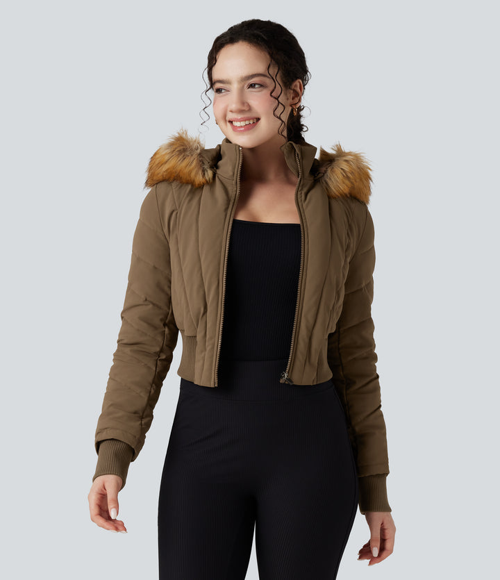 PuffFlex Removable Faux Fur Trim Hooded Long Sleeve Casual Quilted Jacket — Chestnut Brown — view 1