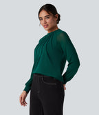Round Neck Raglan Long Sleeve Contrast Mesh Casual Blouse — Rain Forest — view 3
