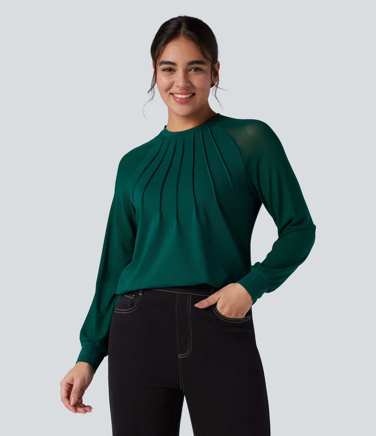 Round Neck Raglan Long Sleeve Contrast Mesh Casual Blouse — Rain Forest — view 1