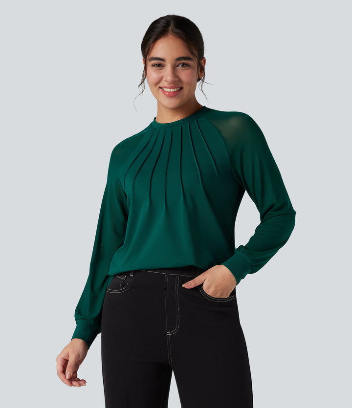 Round Neck Raglan Long Sleeve Contrast Mesh Casual Blouse — Rain Forest — view 1