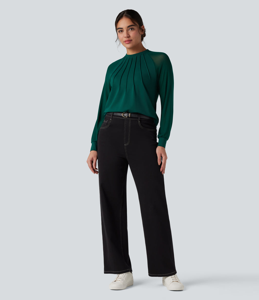Round Neck Raglan Long Sleeve Contrast Mesh Casual Blouse — Rain Forest — view 7