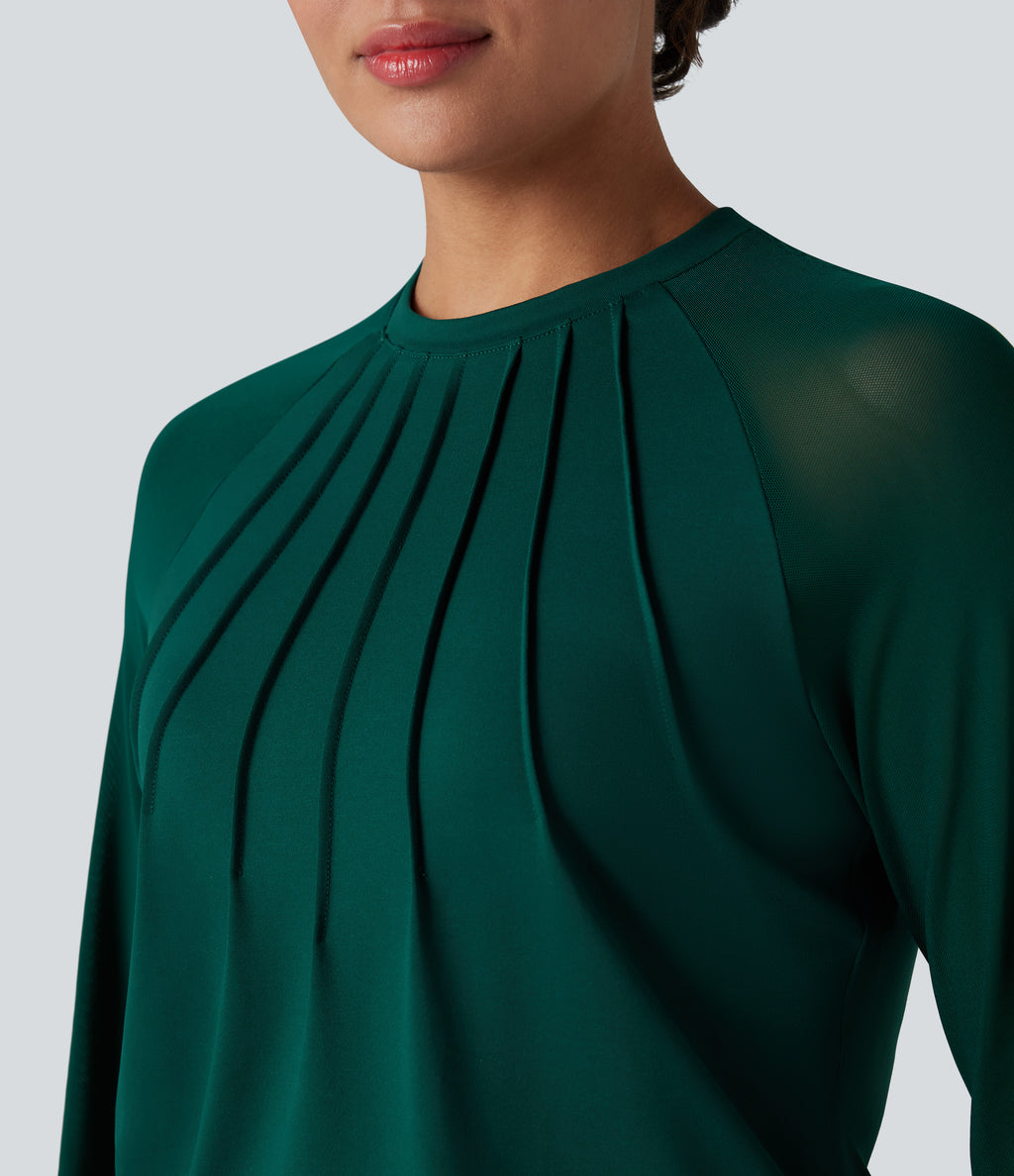 Round Neck Raglan Long Sleeve Contrast Mesh Casual Blouse — Rain Forest — view 5