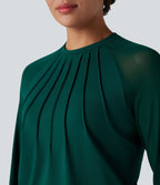 Round Neck Raglan Long Sleeve Contrast Mesh Casual Blouse — Rain Forest — view 5