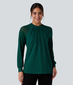 Round Neck Raglan Long Sleeve Contrast Mesh Casual Blouse — Rain Forest — view 4