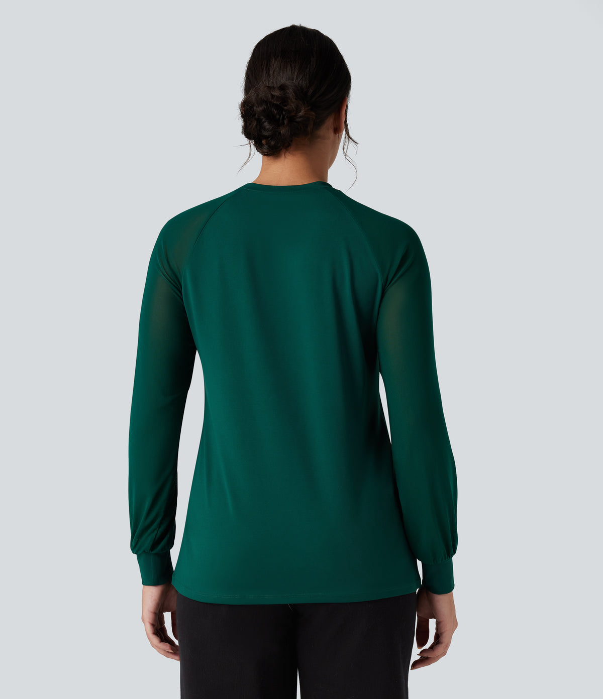 Round Neck Raglan Long Sleeve Contrast Mesh Casual Blouse — Rain Forest — view 2