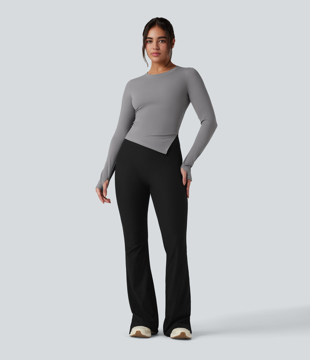 Round Neck Long Sleeve Thumb Holes Asymmetric Split Hem Yoga Sports Top — Gull — view 7