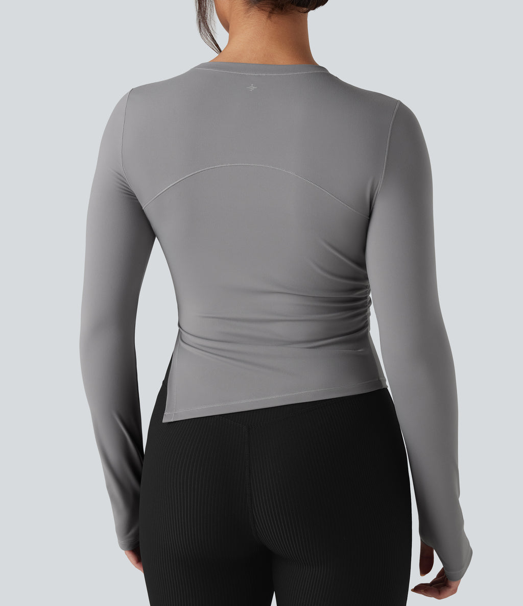 Round Neck Long Sleeve Thumb Holes Asymmetric Split Hem Yoga Sports Top — Gull — view 6