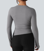 Round Neck Long Sleeve Thumb Holes Asymmetric Split Hem Yoga Sports Top — Gull — view 6