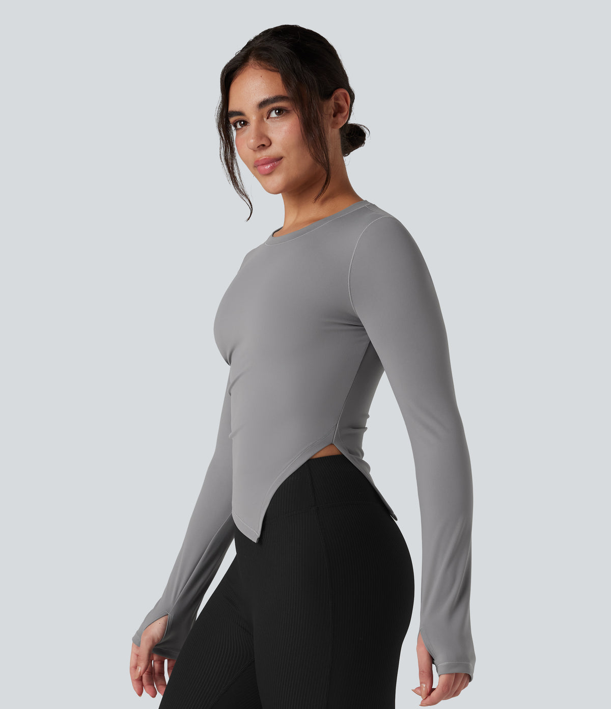 Round Neck Long Sleeve Thumb Holes Asymmetric Split Hem Yoga Sports Top — Gull — view 3
