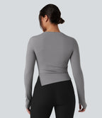 Round Neck Long Sleeve Thumb Holes Asymmetric Split Hem Yoga Sports Top — Gull — view 2