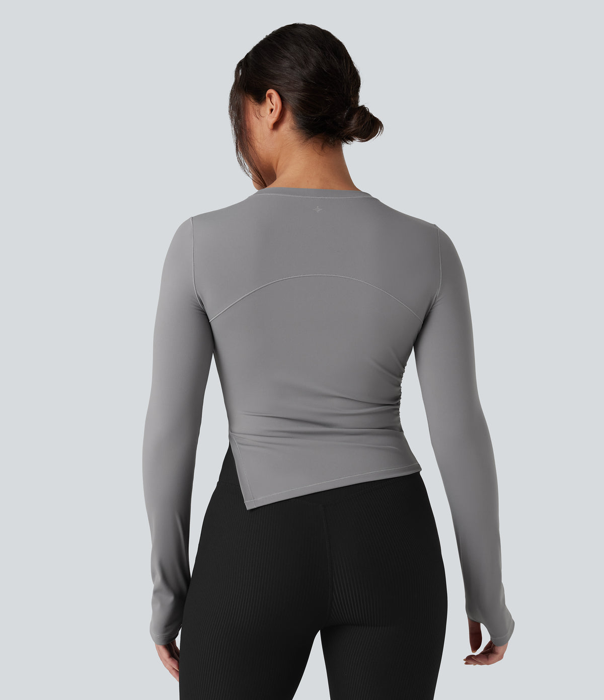Round Neck Long Sleeve Thumb Holes Asymmetric Split Hem Yoga Sports Top — Gull — view 2