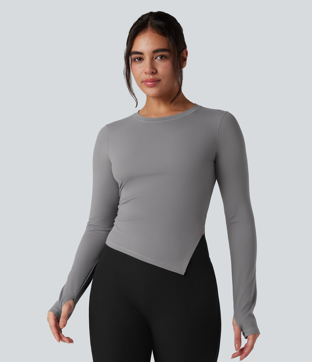 Round Neck Long Sleeve Thumb Holes Asymmetric Split Hem Yoga Sports Top — Gull — view 1