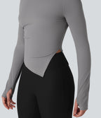 Round Neck Long Sleeve Thumb Holes Asymmetric Split Hem Yoga Sports Top — Gull — view 4