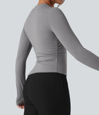 Round Neck Long Sleeve Thumb Holes Asymmetric Split Hem Yoga Sports Top — Gull — view 5