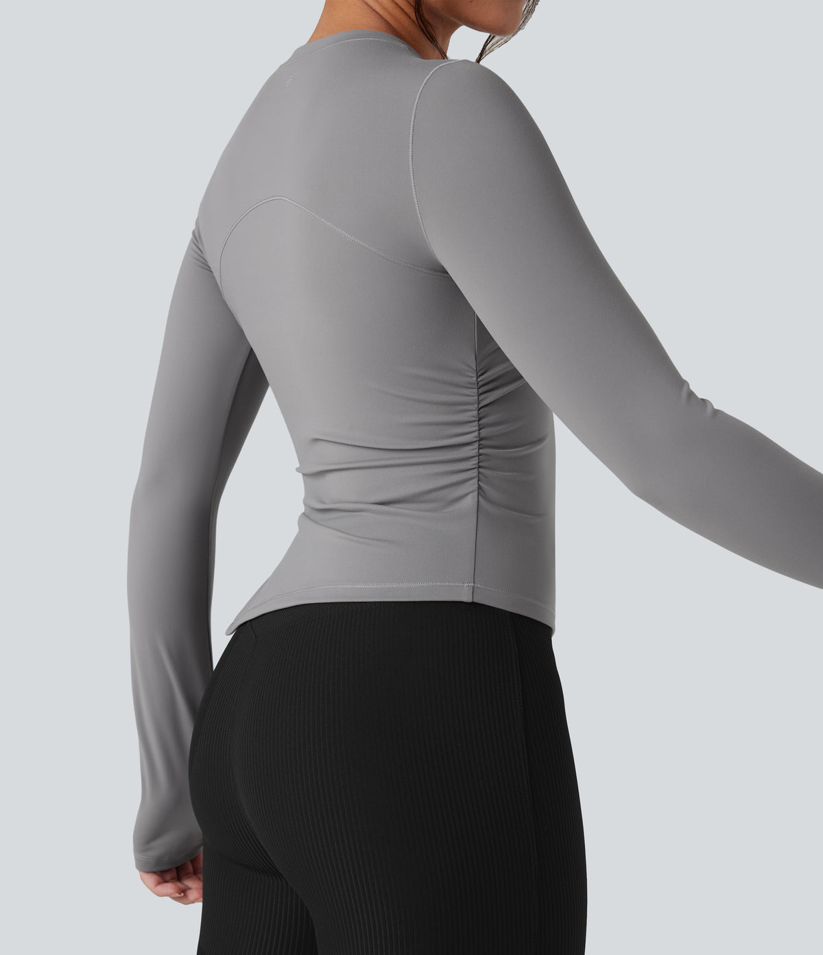 Round Neck Long Sleeve Thumb Holes Asymmetric Split Hem Yoga Sports Top — Gull — view 5
