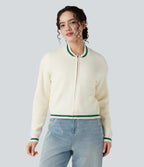 Round Neck Long Sleeve Color Block Casual Cardigan — Gardenia — view 5