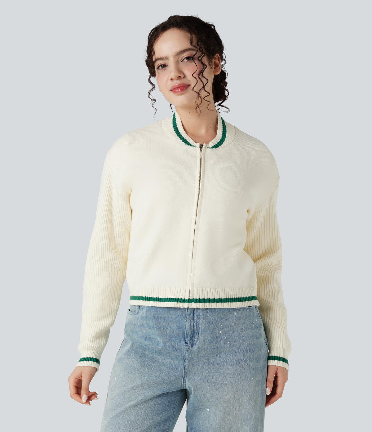 Round Neck Long Sleeve Color Block Casual Cardigan — Gardenia — view 5
