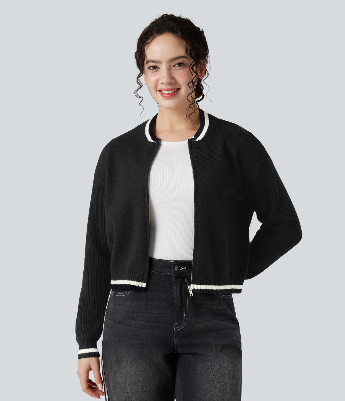 Round Neck Long Sleeve Color Block Casual Cardigan — Black — view 7