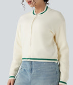 Round Neck Long Sleeve Color Block Casual Cardigan — Gardenia — view 4