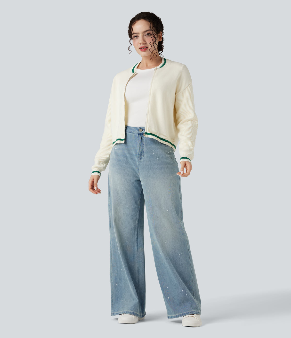 Round Neck Long Sleeve Color Block Casual Cardigan — Gardenia — view 6