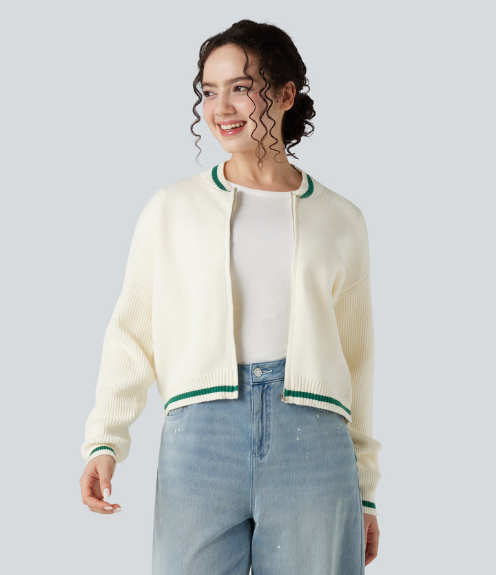 Round Neck Long Sleeve Color Block Casual Cardigan — Gardenia — view 1