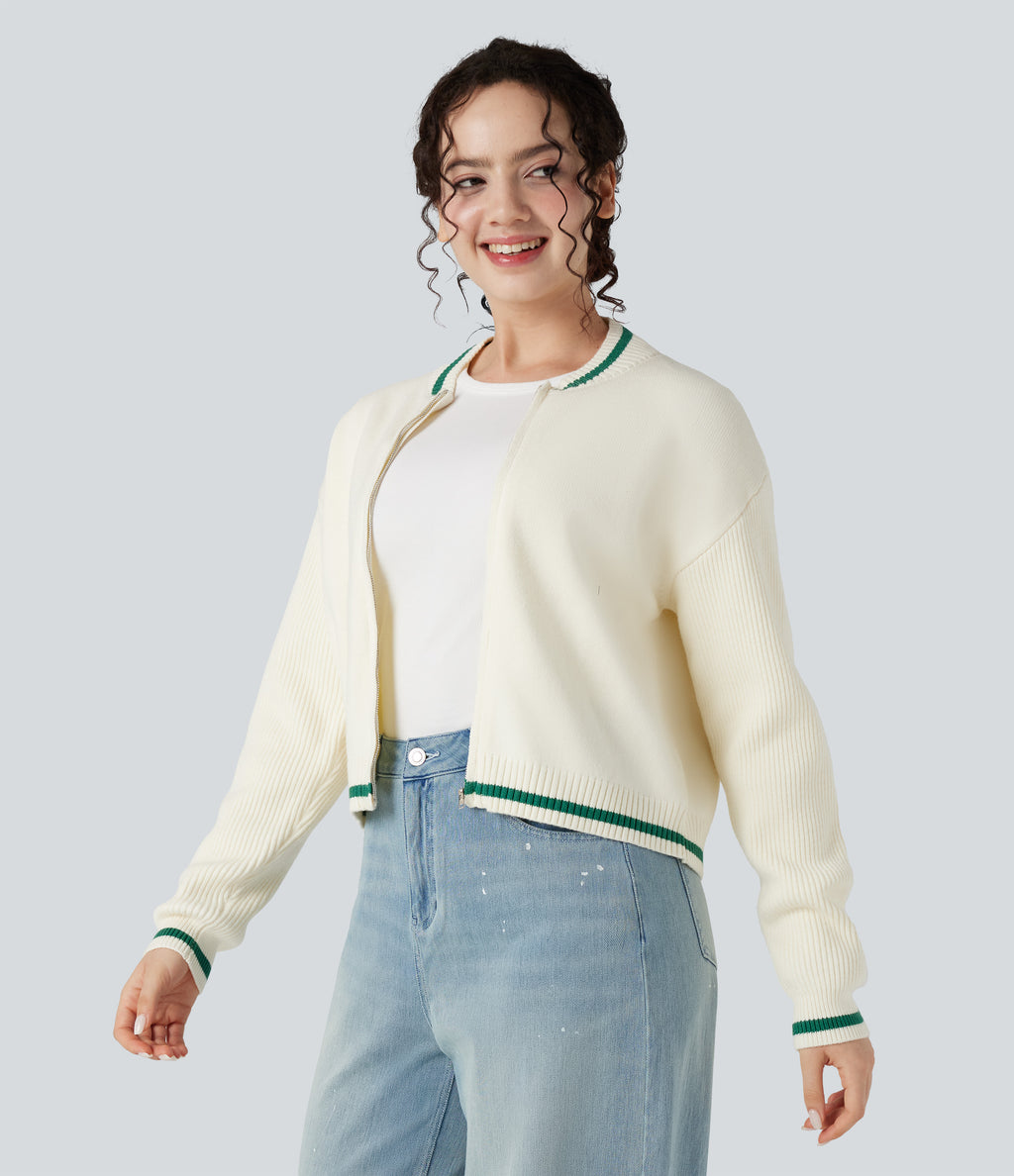 Round Neck Long Sleeve Color Block Casual Cardigan — Gardenia — view 3