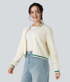 Round Neck Long Sleeve Color Block Casual Cardigan — Gardenia — view 3