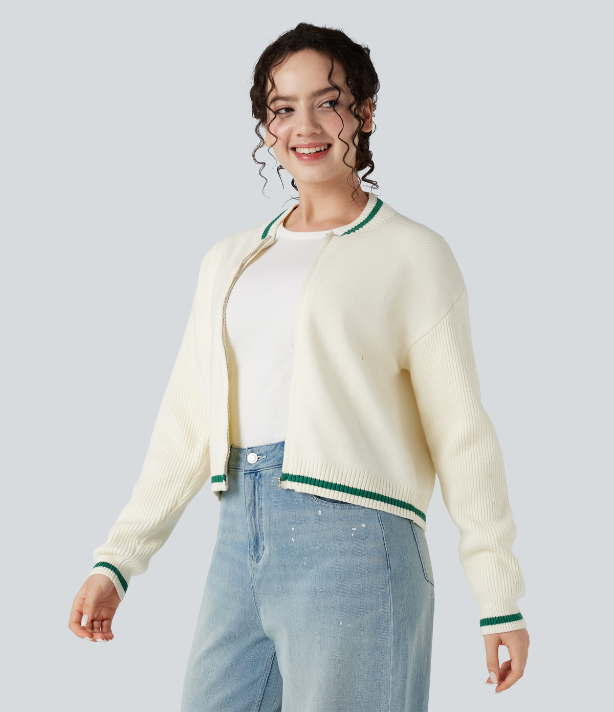 Round Neck Long Sleeve Color Block Casual Cardigan — Gardenia — view 3