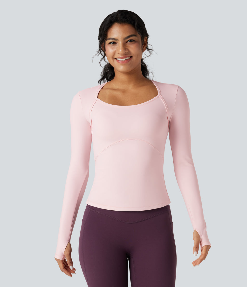 Plush Long Sleeve Thumb Hole Yoga Sports Top — Primrose Pink — view 1