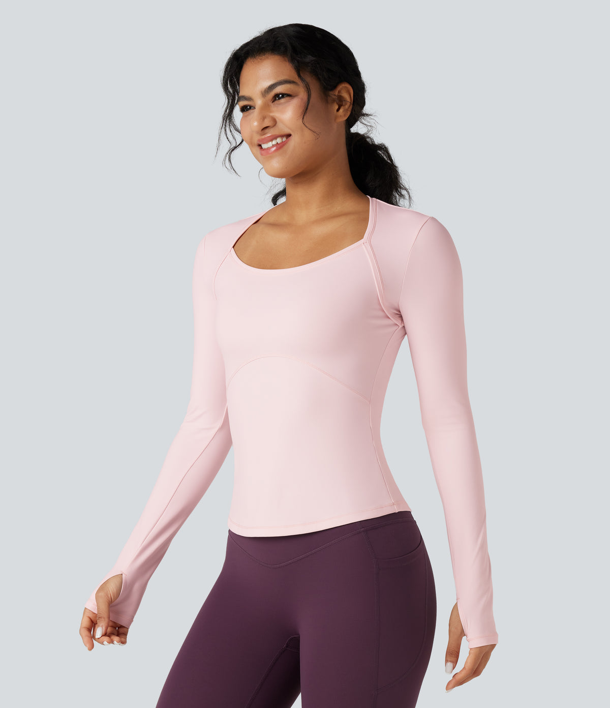 Plush Long Sleeve Thumb Hole Yoga Sports Top — Primrose Pink — view 3