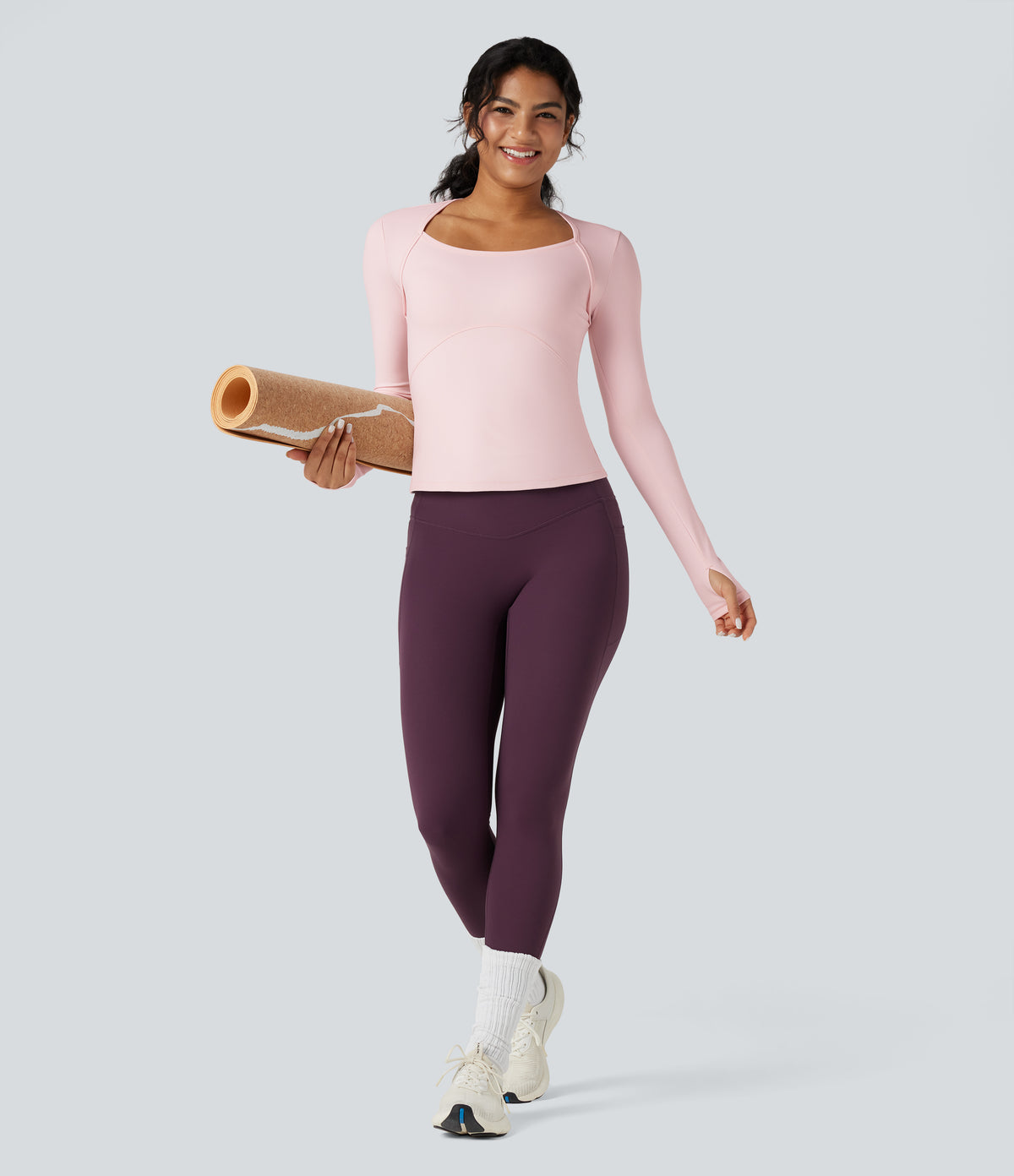 Plush Long Sleeve Thumb Hole Yoga Sports Top — Primrose Pink — view 8