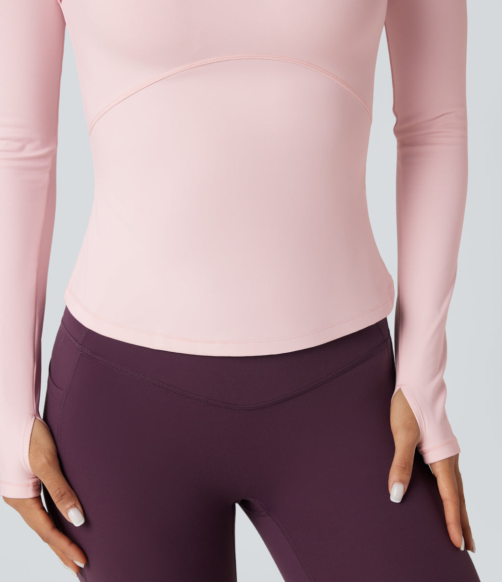 Plush Long Sleeve Thumb Hole Yoga Sports Top — Primrose Pink — view 6