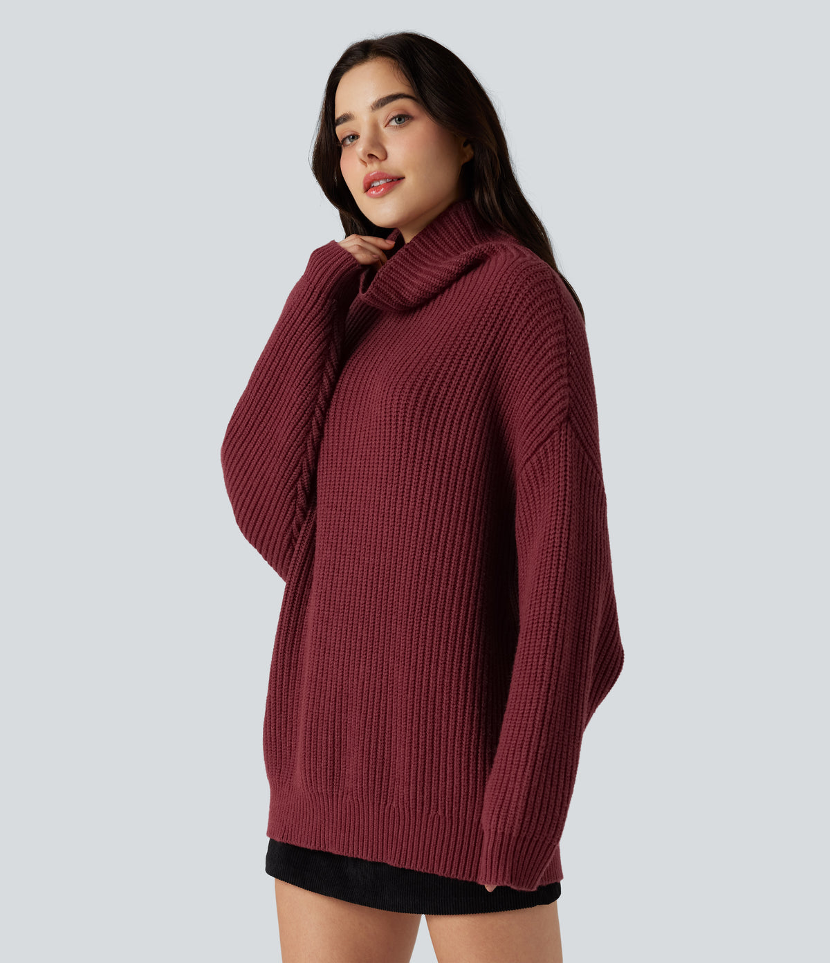 High Neck Long Sleeve Casual Jumper — Pomegranate — view 3