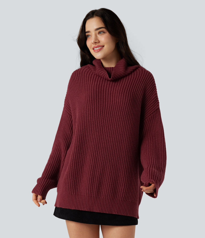 High Neck Long Sleeve Casual Jumper — Pomegranate — view 1