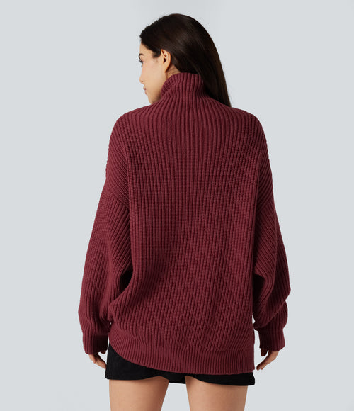 High Neck Long Sleeve Casual Jumper — Pomegranate — view 2