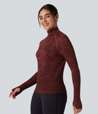 OneForm Seamless Flow Half Zip Long Sleeve Thumb Hole Workout Sports Top — Syrah — view 3
