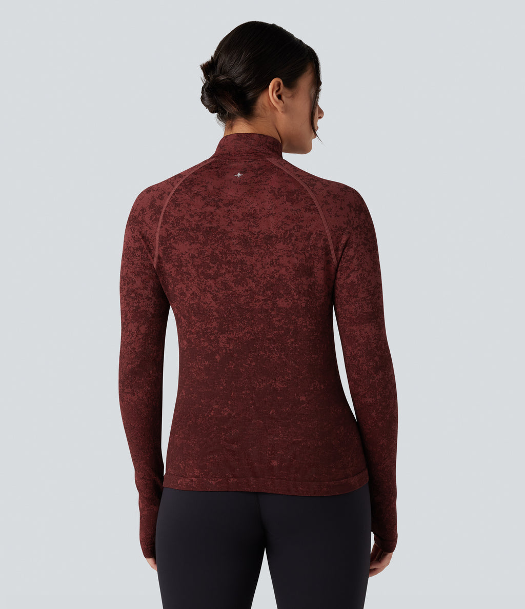 OneForm Seamless Flow Half Zip Long Sleeve Thumb Hole Workout Sports Top — Syrah — view 2