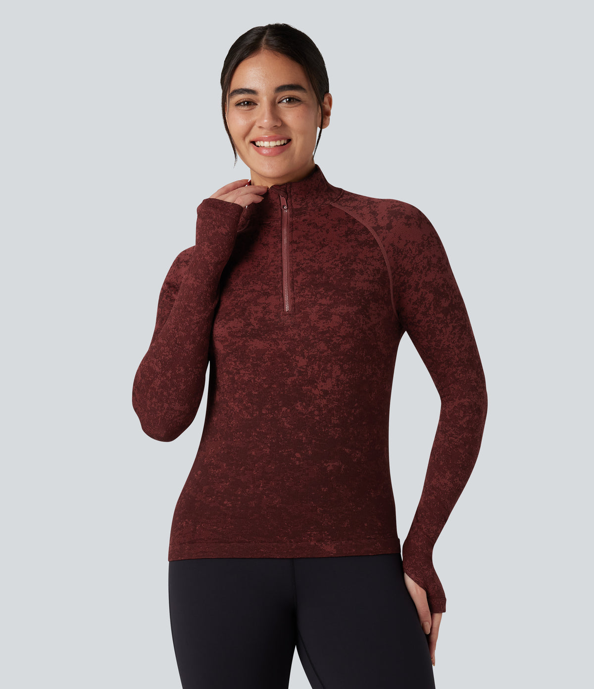 OneForm Seamless Flow Half Zip Long Sleeve Thumb Hole Workout Sports Top — Syrah — view 1