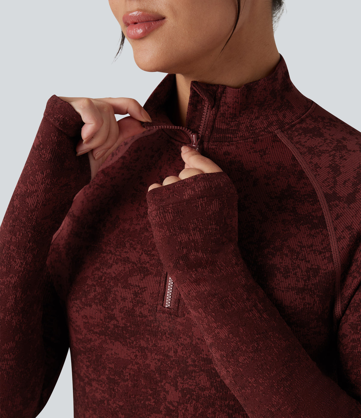 OneForm Seamless Flow Half Zip Long Sleeve Thumb Hole Workout Sports Top — Syrah — view 4
