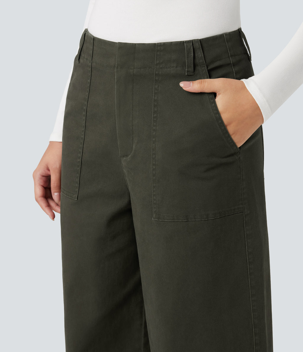 Mid Rise Wide Leg Casual Chino Cotton Trousers with Pockets — Forest Night — view 5