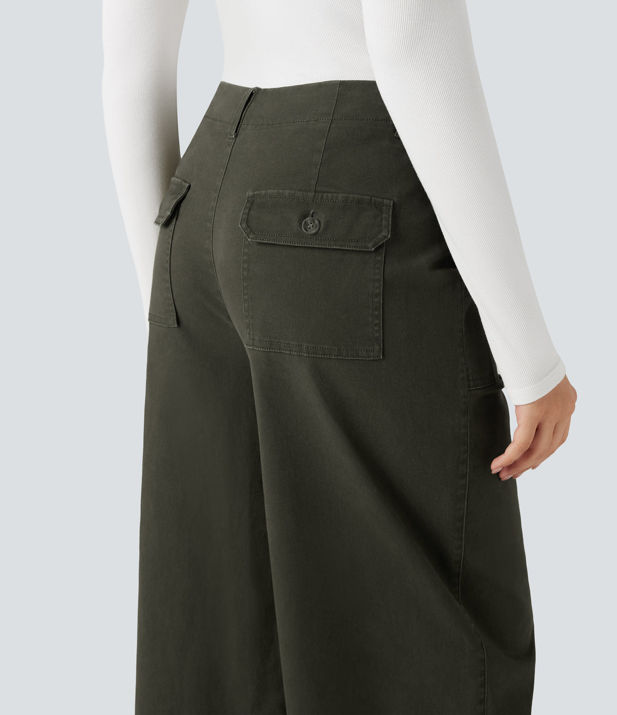 Mid Rise Wide Leg Casual Chino Cotton Trousers with Pockets — Forest Night — view 4