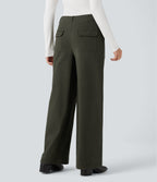 Mid Rise Wide Leg Casual Chino Cotton Trousers with Pockets — Forest Night — view 2