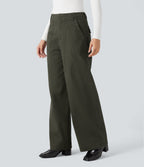 Mid Rise Wide Leg Casual Chino Cotton Trousers with Pockets — Forest Night — view 3