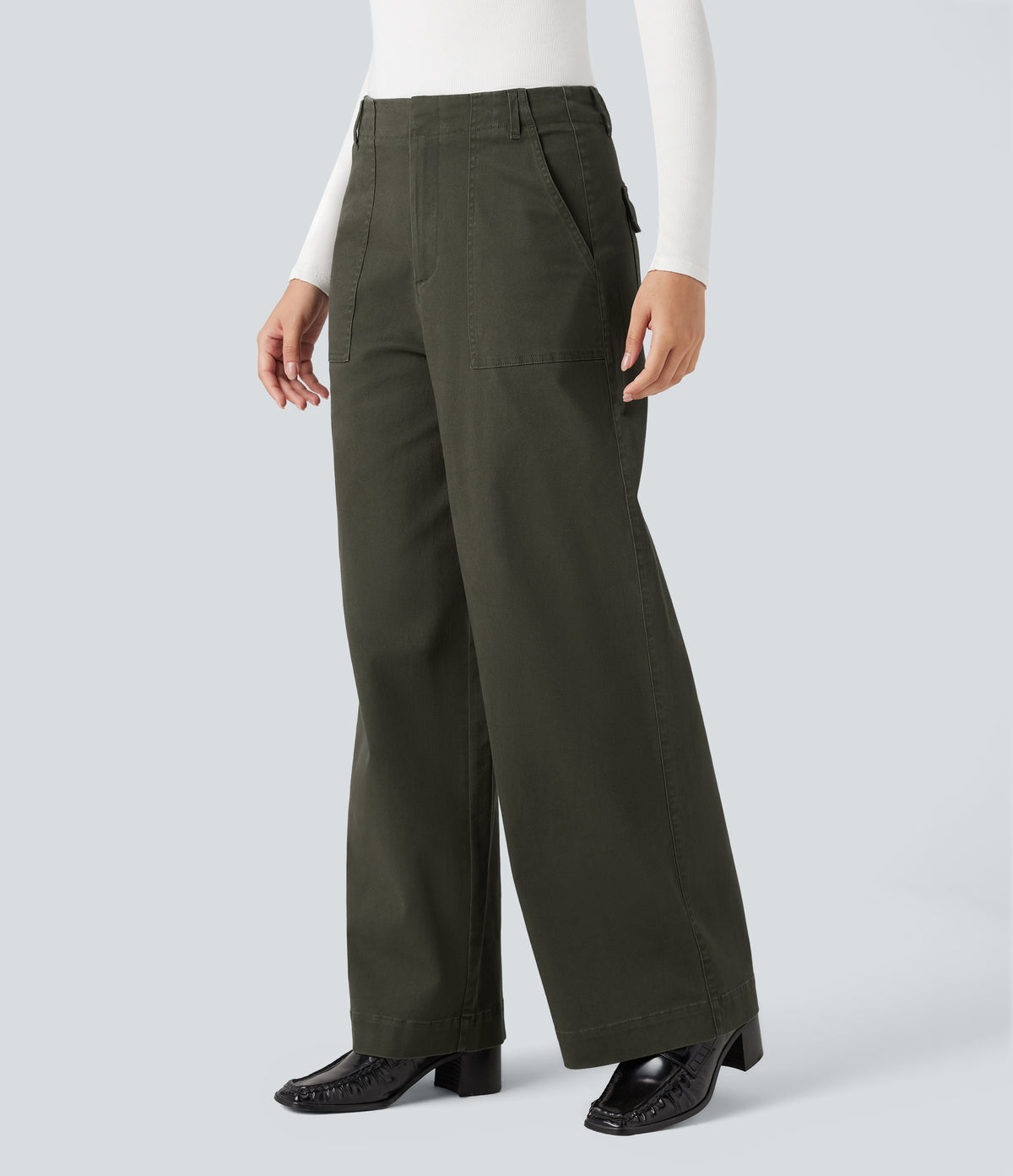 Mid Rise Wide Leg Casual Chino Cotton Trousers with Pockets — Forest Night — view 3