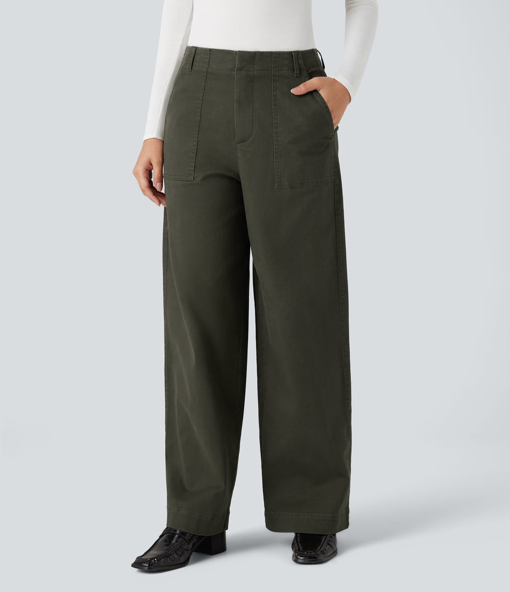 Mid Rise Wide Leg Casual Chino Cotton Trousers with Pockets — Forest Night — view 1