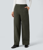 Mid Rise Wide Leg Casual Chino Cotton Trousers with Pockets — Forest Night — view 1