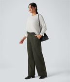 Mid Rise Wide Leg Casual Chino Cotton Trousers with Pockets — Forest Night — view 6