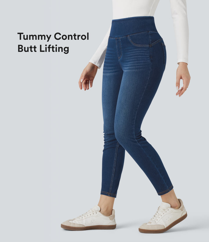 High-waisted Butt-lifting Tummy Control Skinny Denim Casual 7/8 Leggings with Pockets — Pageant Blue Denim — view 1