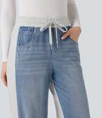 High-waisted Drawstring Color Block Casual Wide-leg Jogger Jeans with Pockets — Powder Blue Denim — view 4
